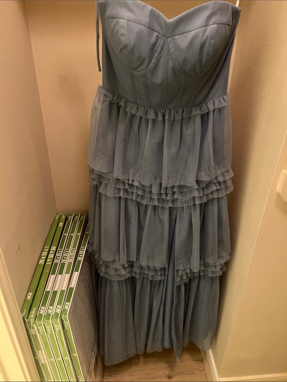 Revelry Dusty Blue Tiered Strapless Ruffle Maxi